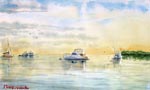 seascape, sea, boat, sailboat, evening, twilight, sundown, original watercolor painting, gabetta