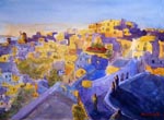 cityscape, city, Greece, sunset, twilight, sundown, light, people, original watercolor painting, gabetta