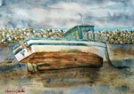 seascape, sea, boat,  shore, light, sky, original watercolor painting, gabetta