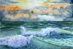seascape, sea, wave, surf, shore, sea foam, shore, sunset, twilight, sky, original watercolor painting, gabetta