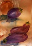 still life, eggplant, bowl, garlic, glass, terracotta, light, original watercolor painting, gabetta