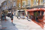 cityscape, city, street, cafe, morning, light, people, crowd, original watercolor painting, gabetta