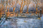 landscape, woods, forest, snow, fence, trees, winter, snowing, original watercolor painting, gabetta