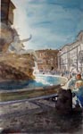 cityscape, city, street, fountain, Rome, morning, light, people, crowd, original watercolor painting, gabetta