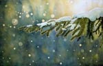 landscape, woods, forest, snow, fir, trees, winter, snowing, Christmas, original watercolor painting, gabetta