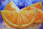 still life, macro, orange, oranges, fruit, blue, light, original watercolor painting, gabetta