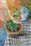 still life, plants, pots, chair, floor, abstract, original watercolor painting, gabetta