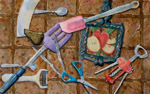 still life, kitchen, spatula, peeler, scissors, mincer, spoon, original watercolor painting, gabetta