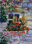 landscape, window, geranium, flowers, summer, shadows, light, original watercolor painting, gabetta