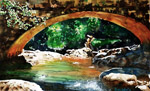 landscape, woods, forest, bridge, river, trees, summer, original watercolor painting, gabetta