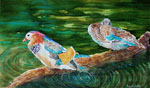 landscape, pond, ducks, mandarin, birds, water, original watercolor painting, gabetta