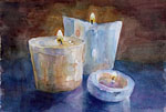 still life, candles, Christmas, light, original watercolor painting, gabetta