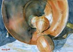 still life, pan, onions, copper, original watercolor painting, gabetta
