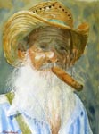portrait, portraiture, man, face, cigar, hat, wrinkles, old man, light, shadows, original watercolor painting, gabetta